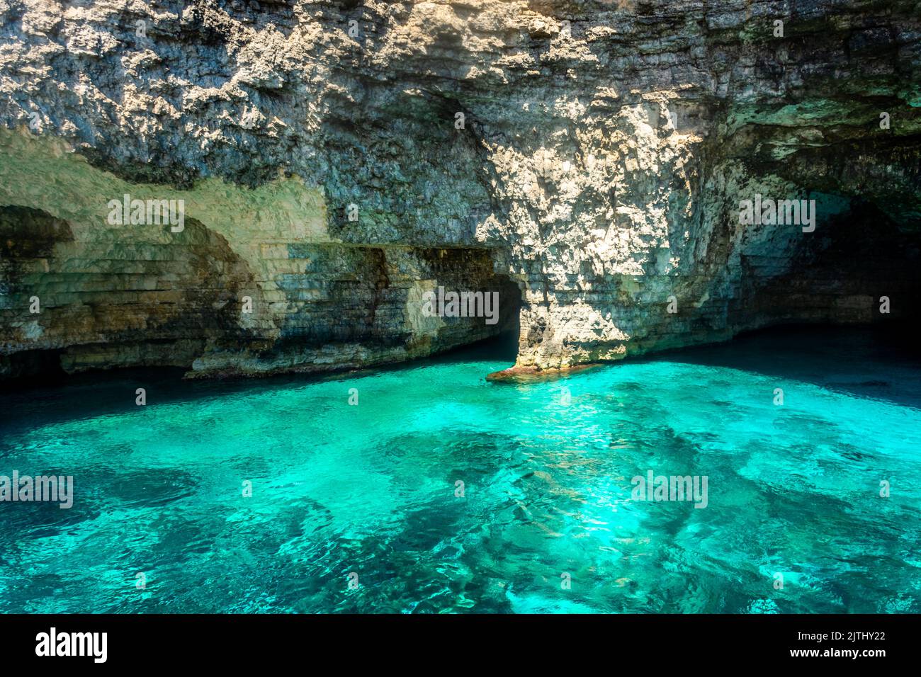 Crystal clear water and sea cave in Comino Island, Malta Stock Photo ...