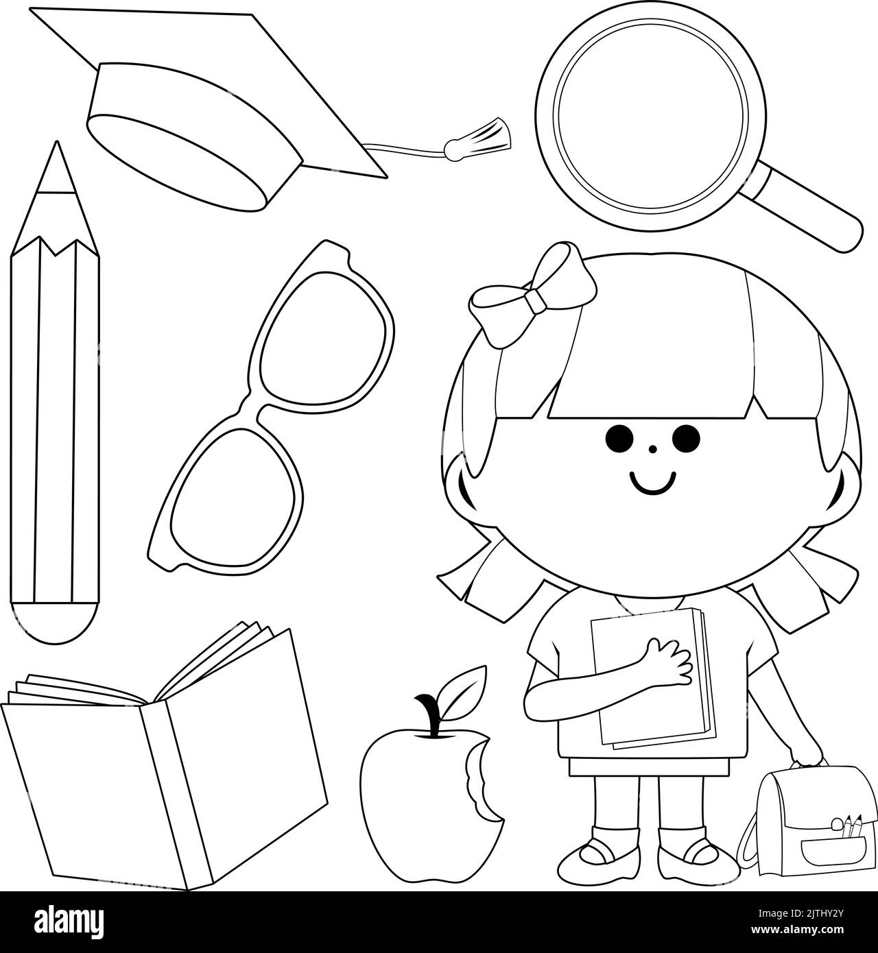 Student girl and set of school objects. Vector black and white coloring page Stock Vector