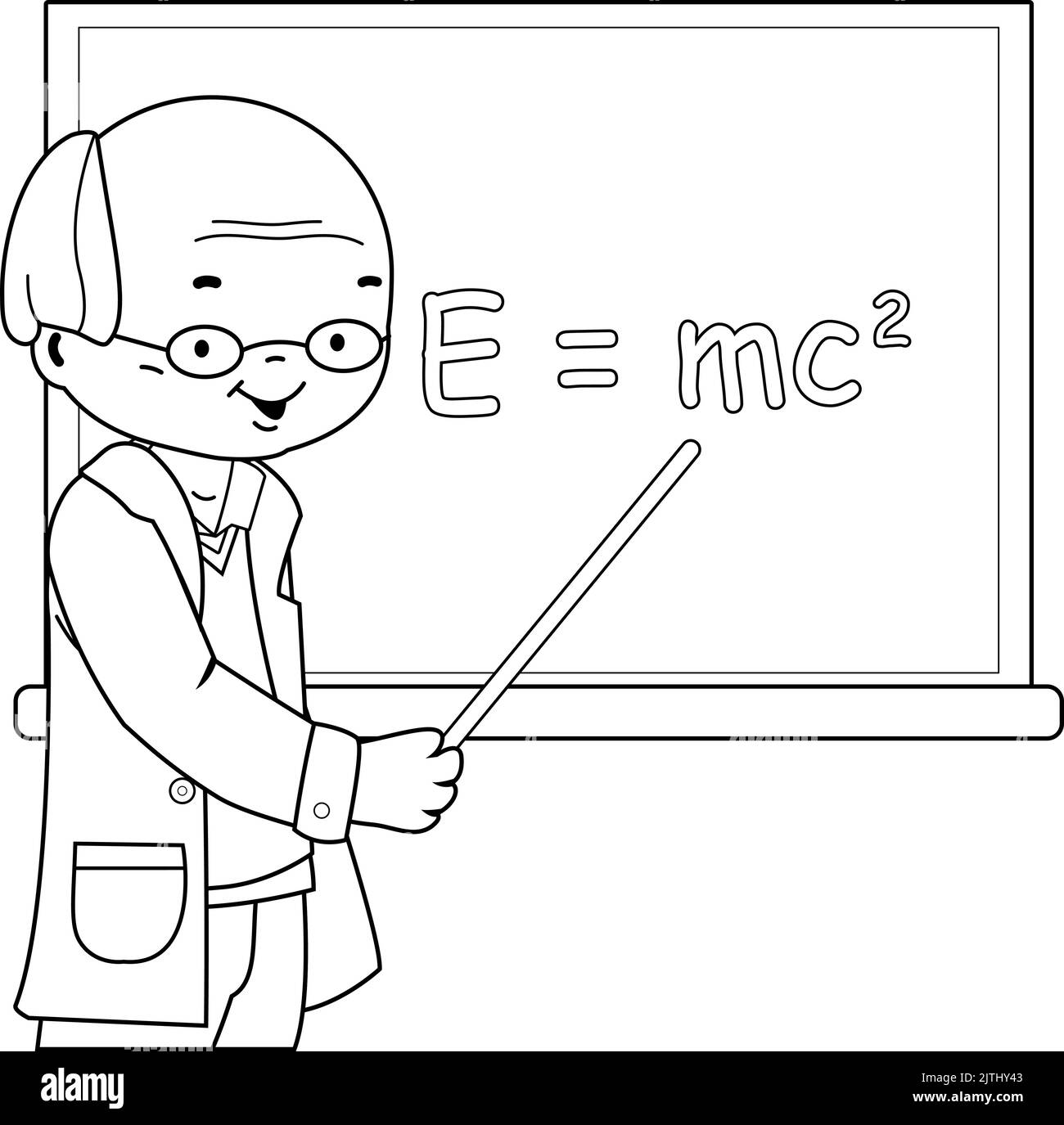 Science teacher teaching in the classroom. Vector black and white coloring page Stock Vector