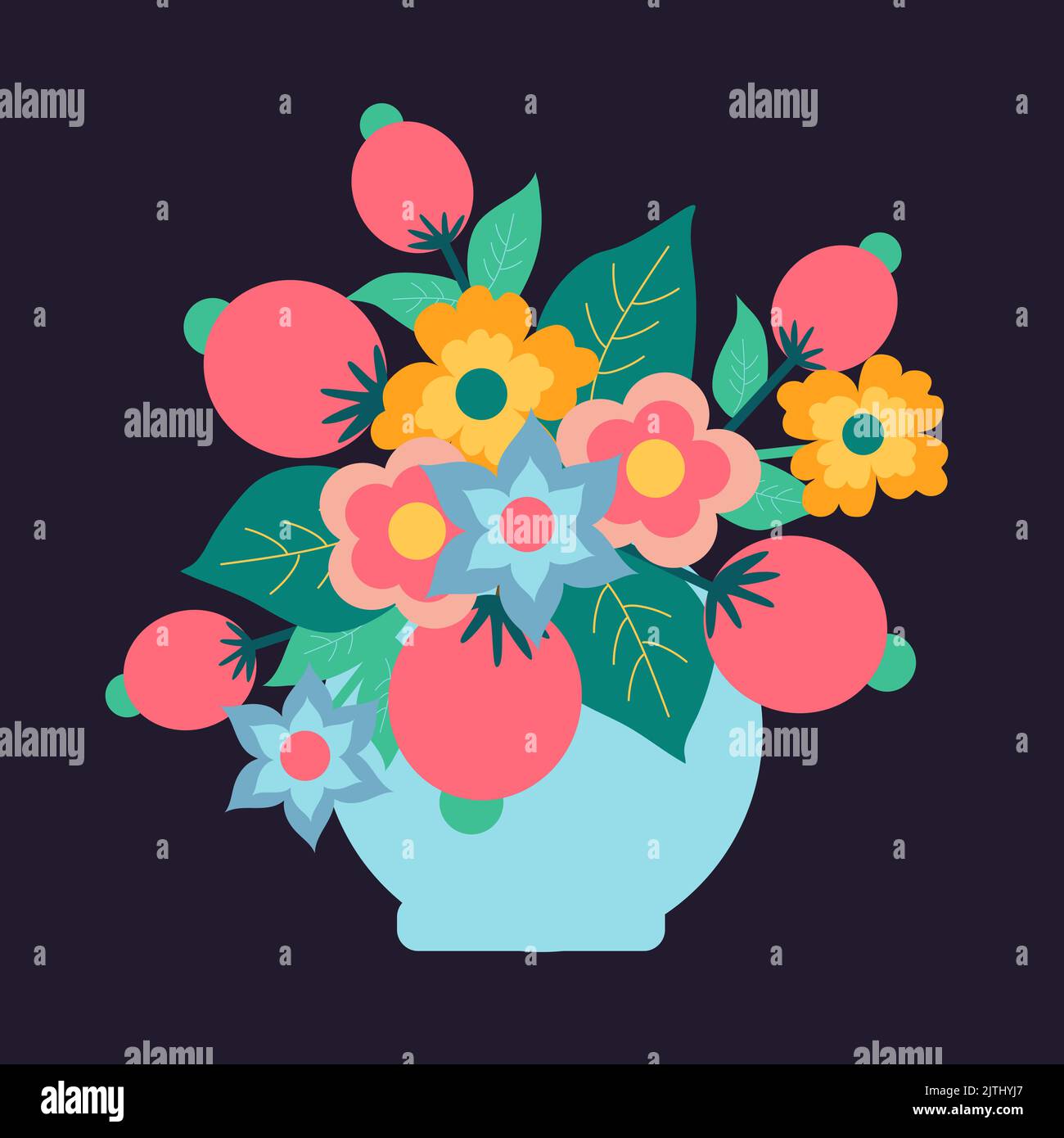 Bright spring bouquet of flowers in a vase. Template for a greeting card. Stock Vector