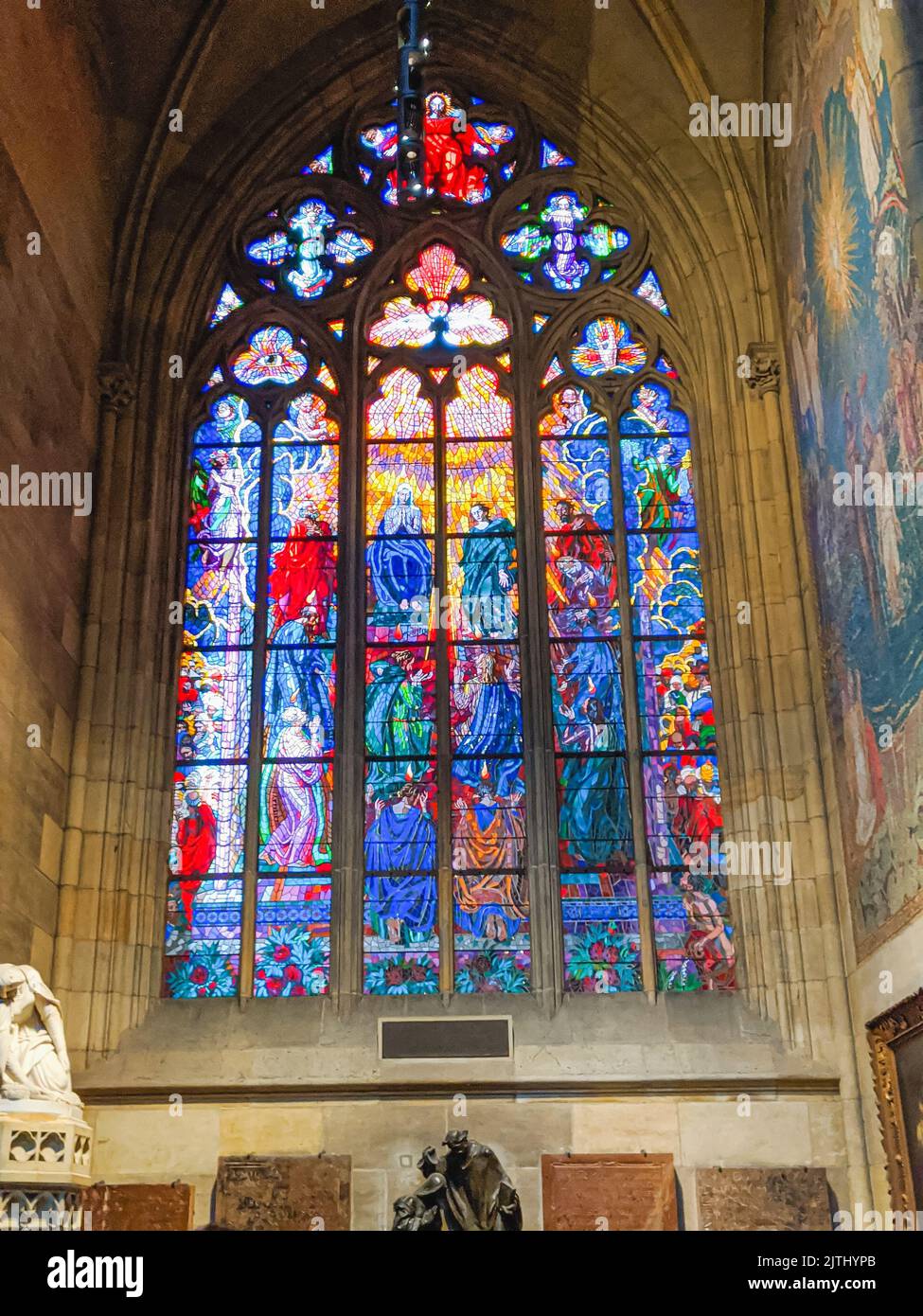 Stained glass window inside St. Vitus Cathedral (Katedrála Sv. Víta), Prague, Czech Republic Stock Photo