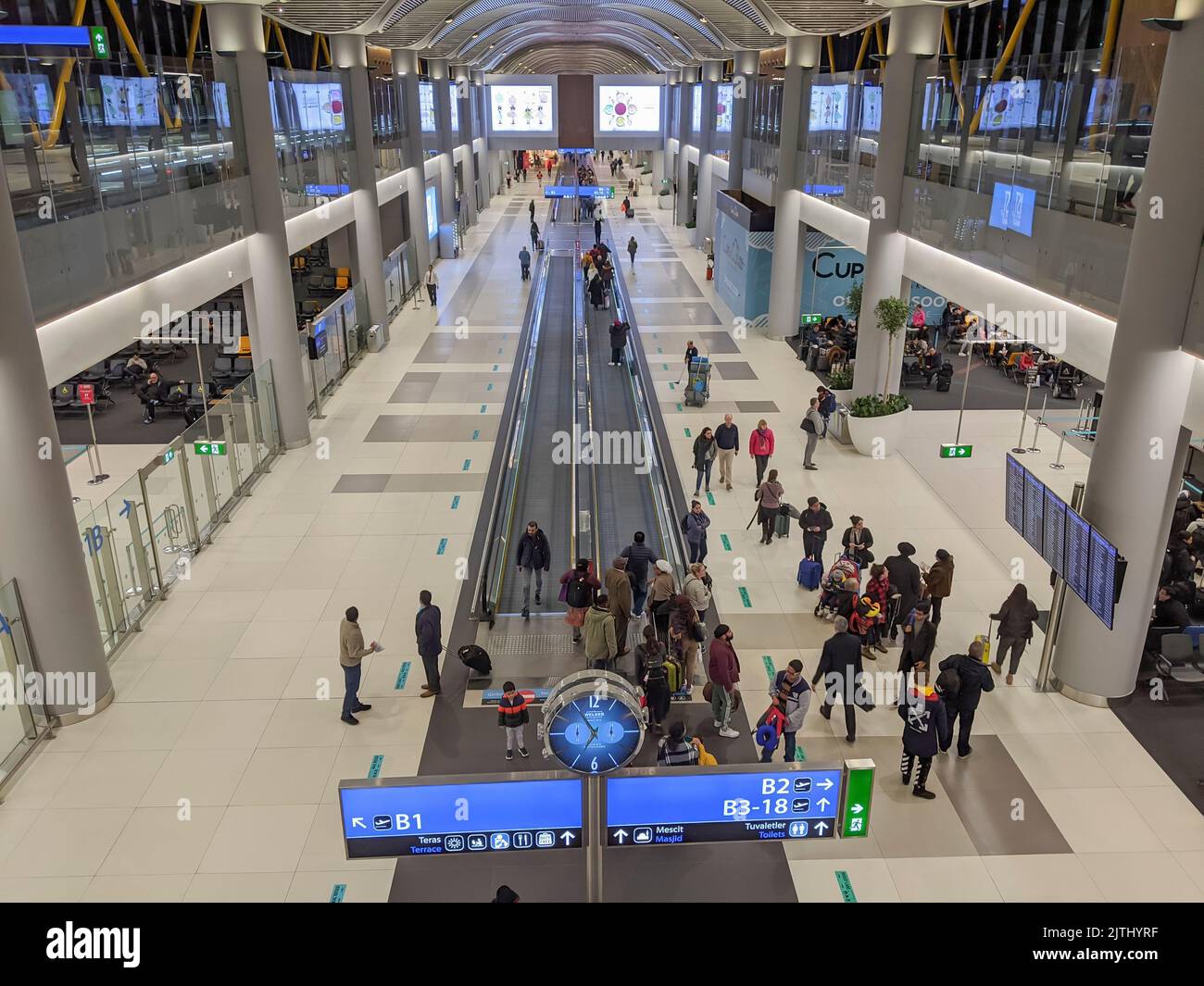 Corridor with travelators in the newly built Istanbul Airport. Stock Photo