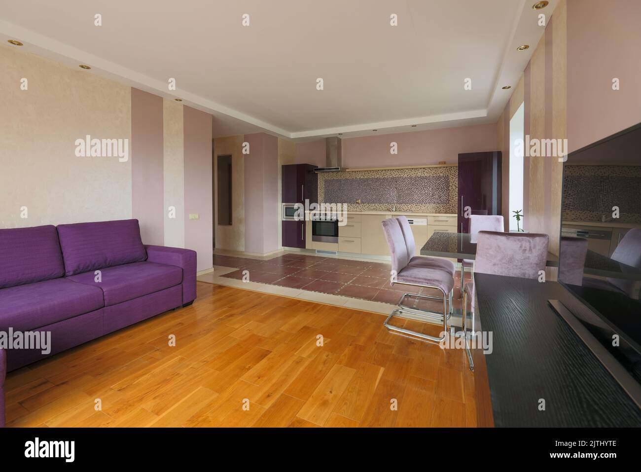 purple design style studio apartment interior Stock Photo