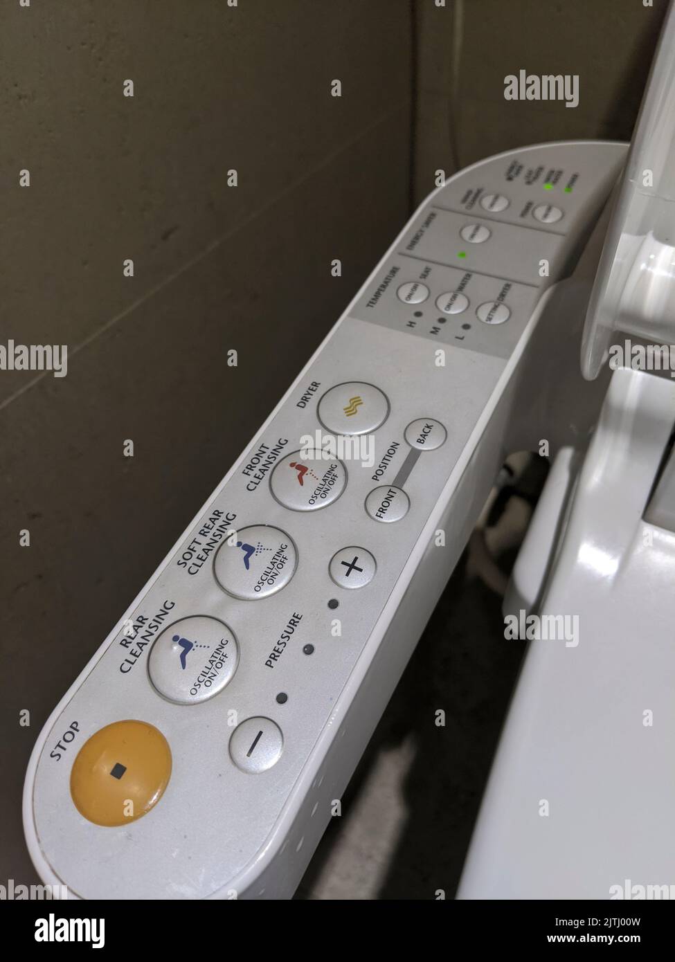 Controls of a Japanese toilet which washes, heats and dries your bottom after going to the Controls of a Japanese toilet which washes, heats and dries your bottom after going to the