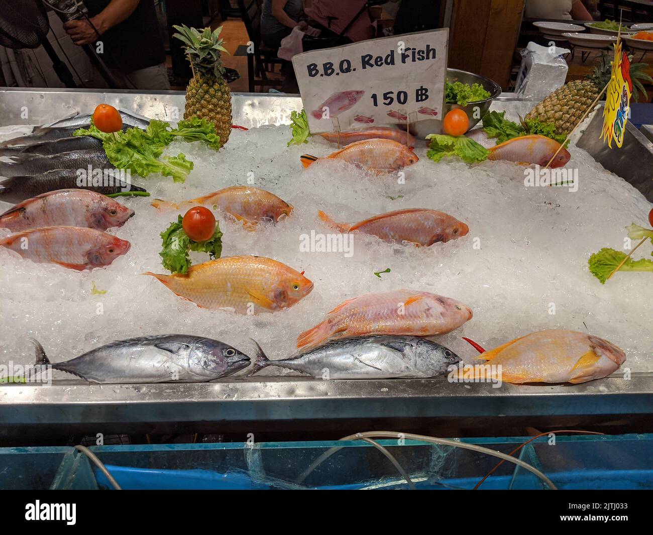 Fish and other seafood for sale at a market stall, Phuket, Thailand Stock Photo