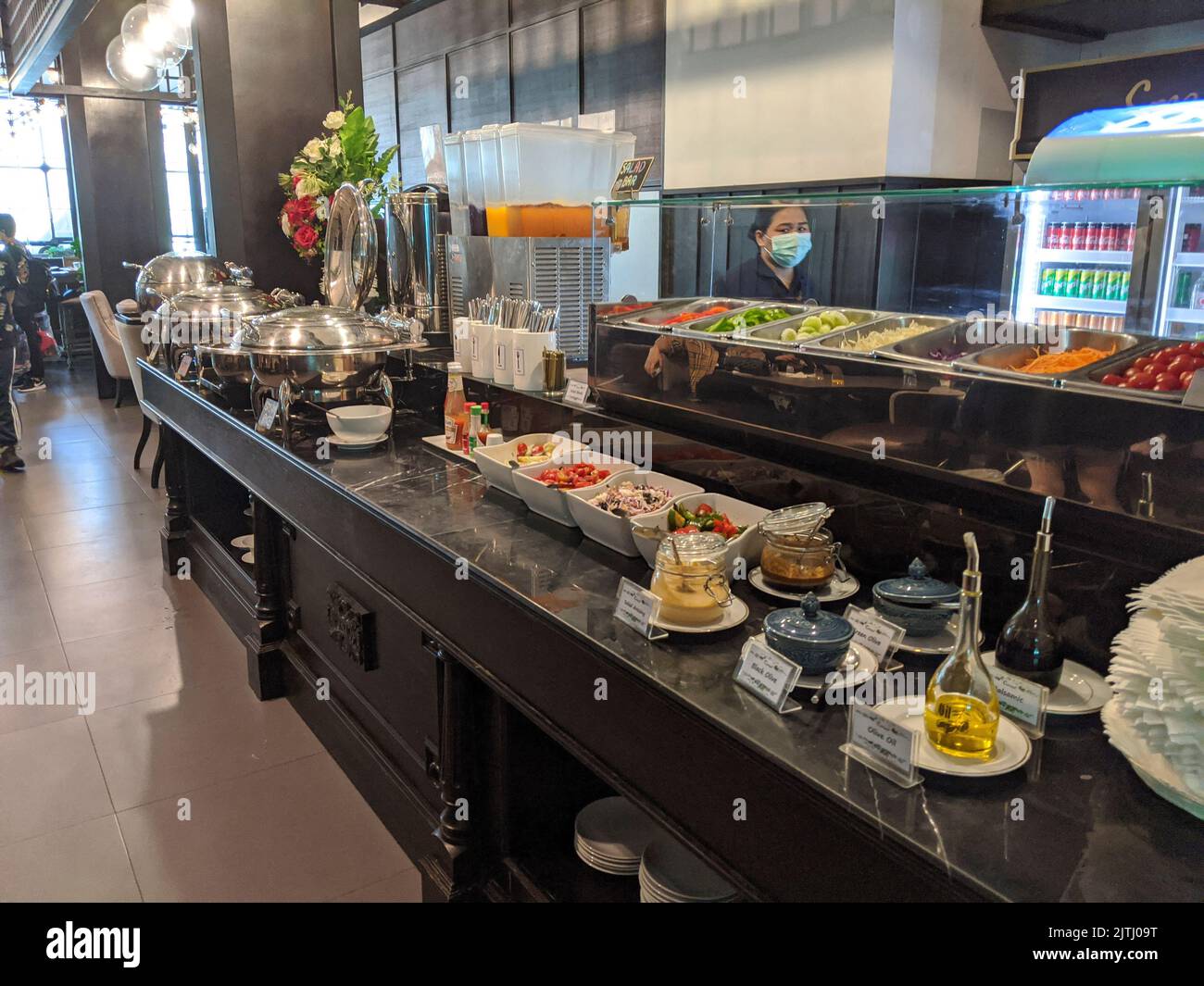 Food and drink on offer in the Business Lounge at Bangkok airport, Thailand Stock Photo