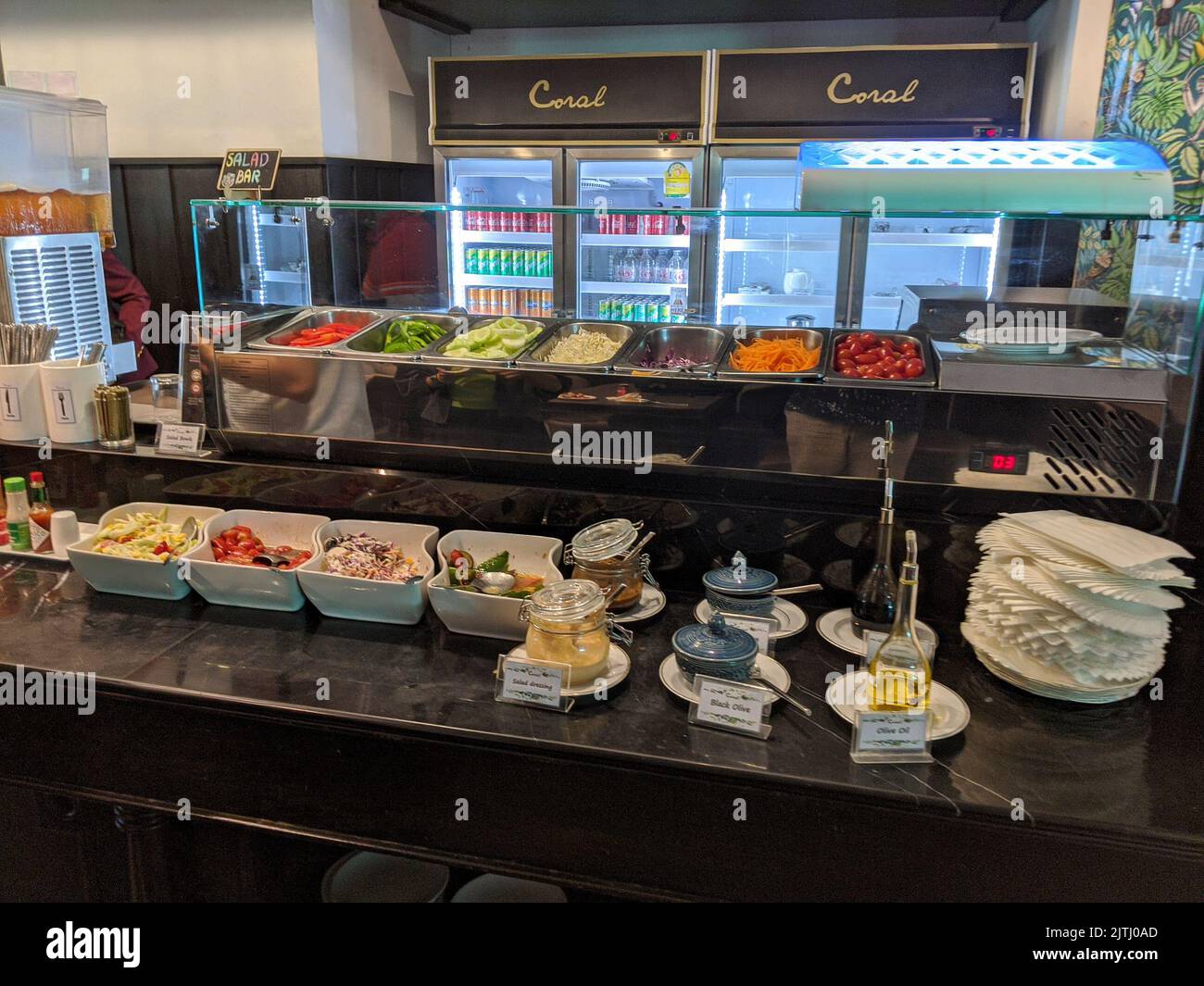 Food and drink on offer in the Business Lounge at Bangkok airport, Thailand Stock Photo