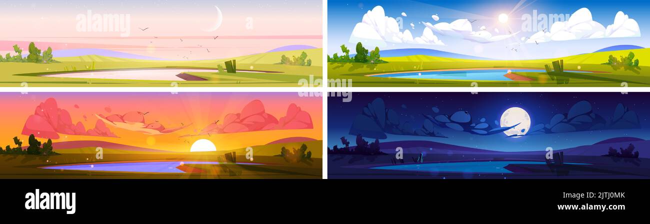 Cartoon nature landscape day time set. Pond at green field with bushes at early morning, evening sunset and night with moon. Scenery background with lake, natural scenes, Vector illustration, set Stock Vector