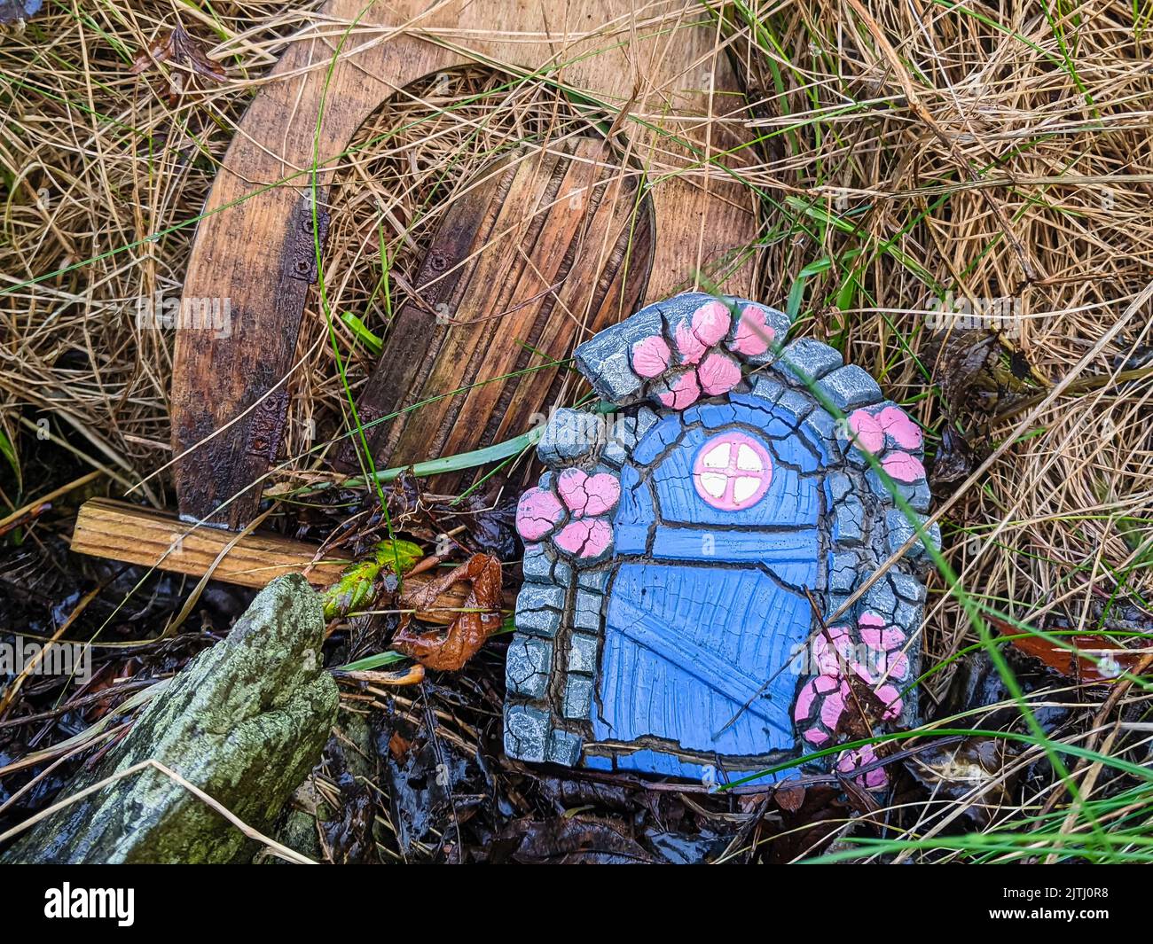 Gifts left by visitors at a 'fairy trail', Northern Ireland. Stock Photo