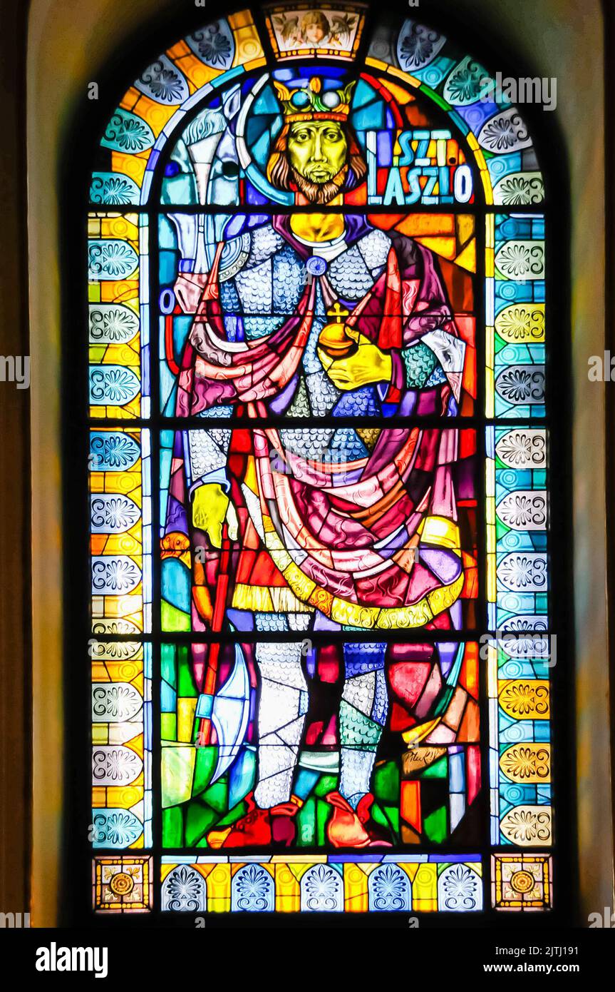 Stained glass window depicting Saint Laszlo inside Saint Stephen's Basillica, Budapest. Stock Photo