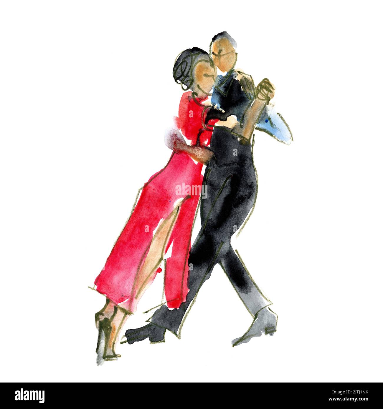 Watercolor illustration: couple, man and woman dancing tango Stock Photo