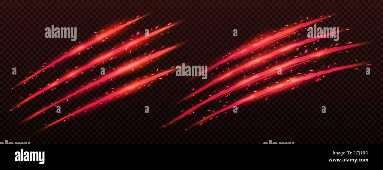 Sparkling monster claw mark scratches, red glowing wild animal traces, predator nail trails. Tiger, dragon, bear, lion, cat paws fire talon rips, Realistic 3d vector slashes on transparent background Stock Vector