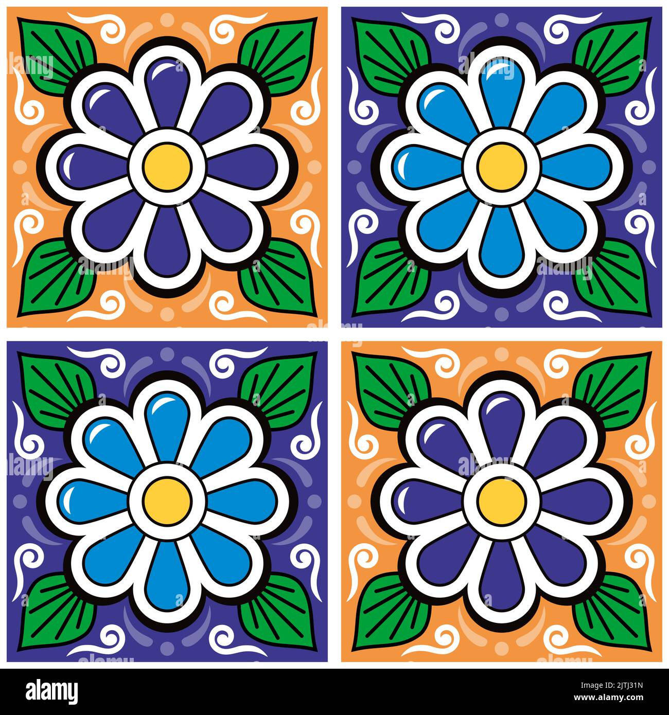Floral vibrant tiles design, seamless background inspired by folk art