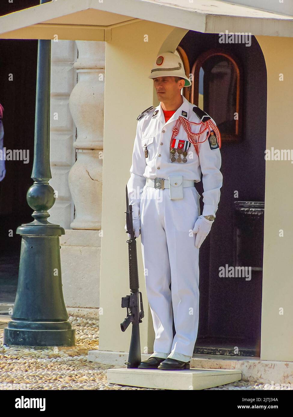 Soldiers perform the changing of the guard at Monaco Palace. Stock Photo