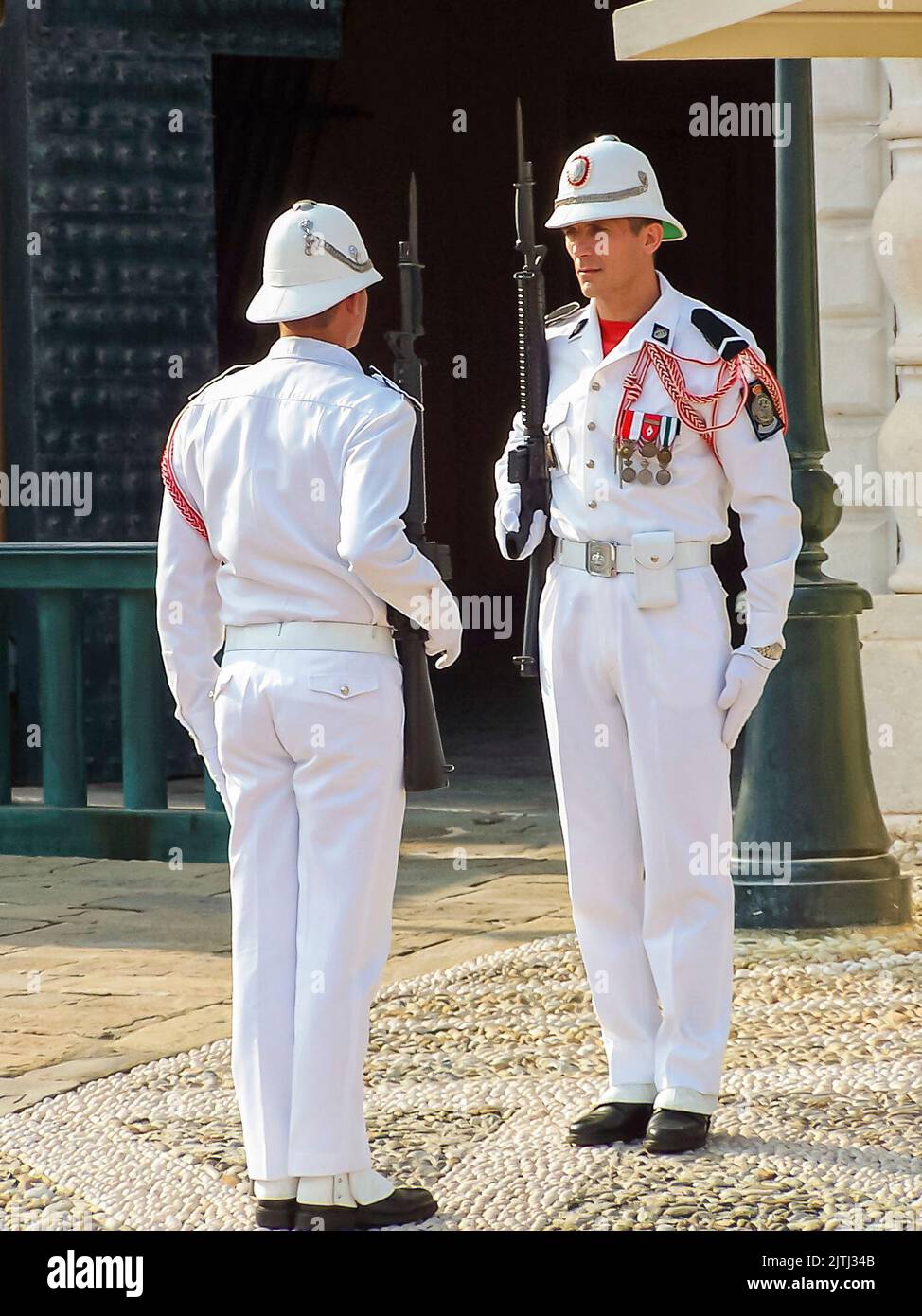 Soldiers perform the changing of the guard at Monaco Palace. Stock Photo