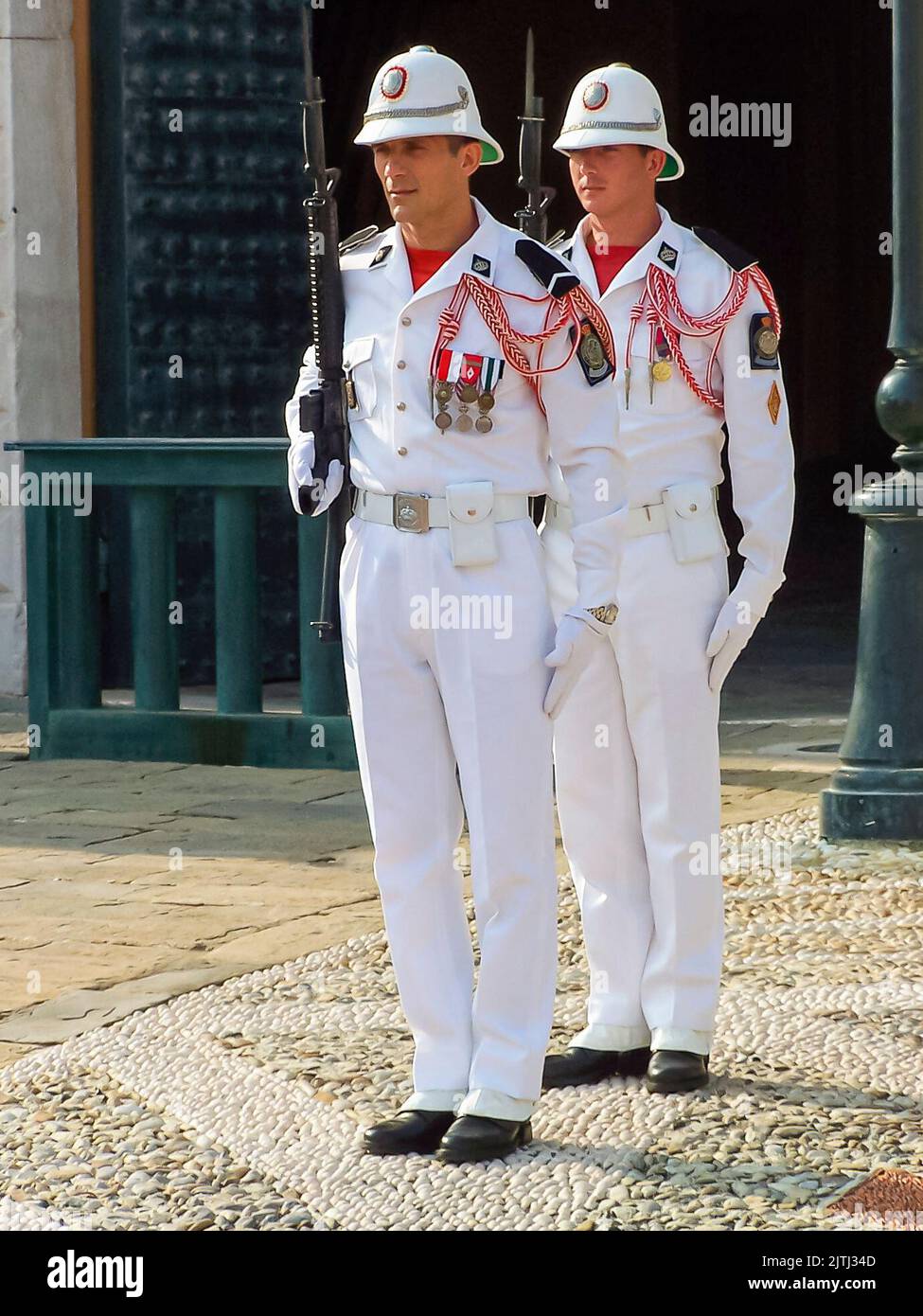 Soldiers perform the changing of the guard at Monaco Palace. Stock Photo