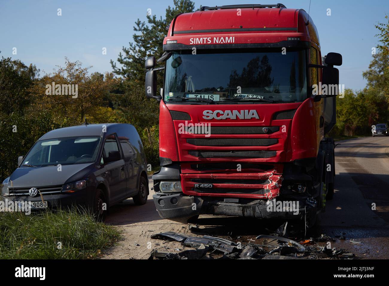 September 30, 2021, Riga, Latvia: car accident on a road, truck after a ...