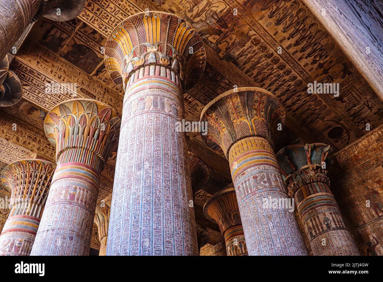 Colorful columns of the ancient Khnum temple in Esna, Luxor, Egypt ...