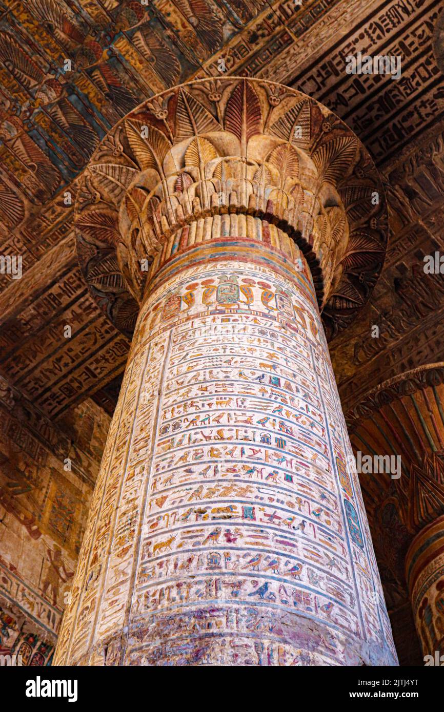 Colorful columns of the ancient Khnum temple in Esna, Luxor, Egypt ...
