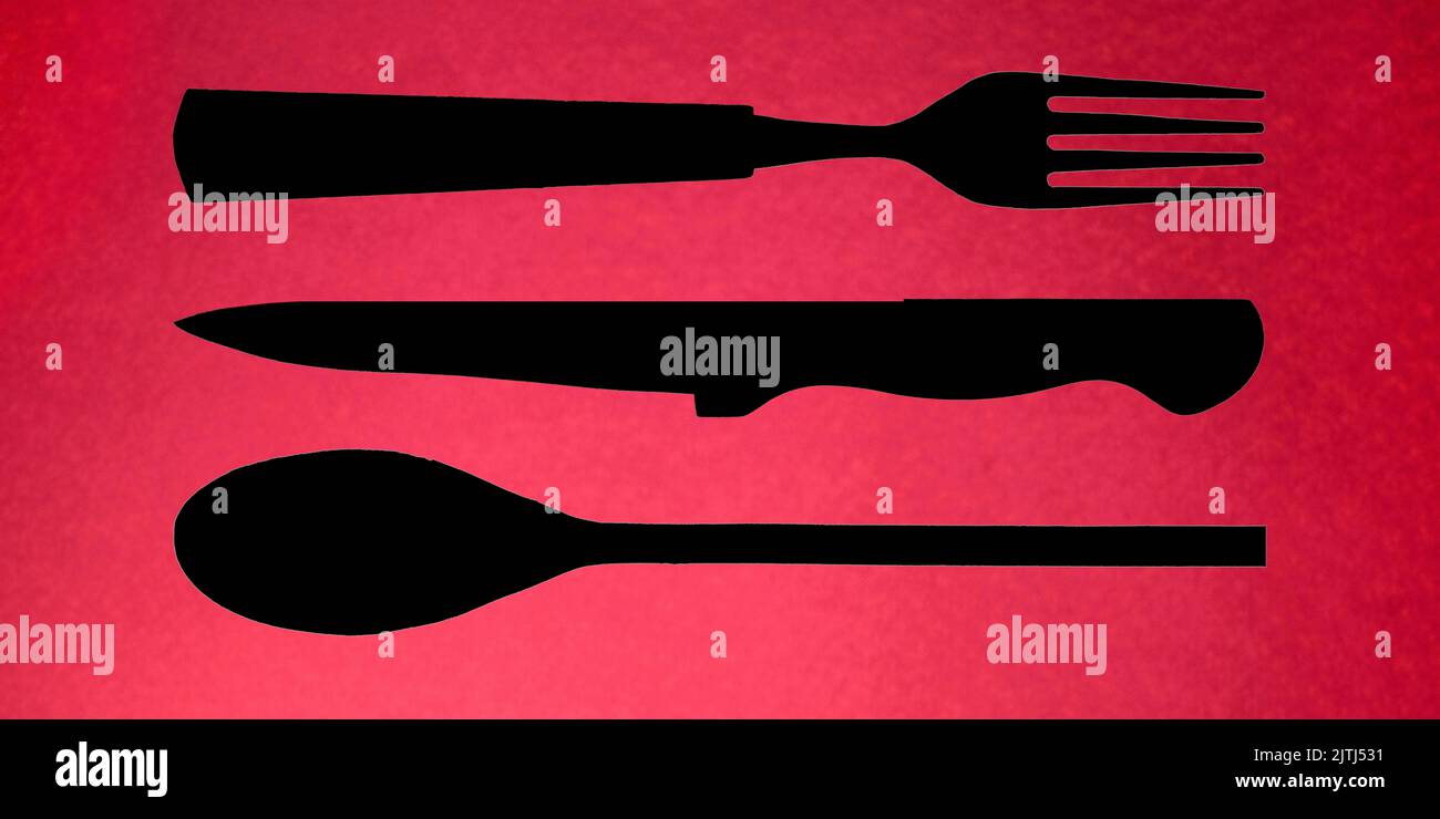 Topview of Set of Fork, Spoon and Knife Silhouette on Textured Red Background Stock Photo Alamy