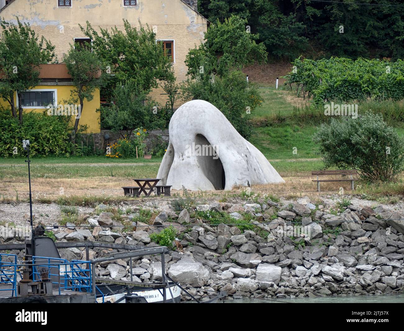 ST. LORENZ, AUSTRIA - JULY 13, 2019:  The Wachauer Nose sculpture at the ferry station Stock Photo