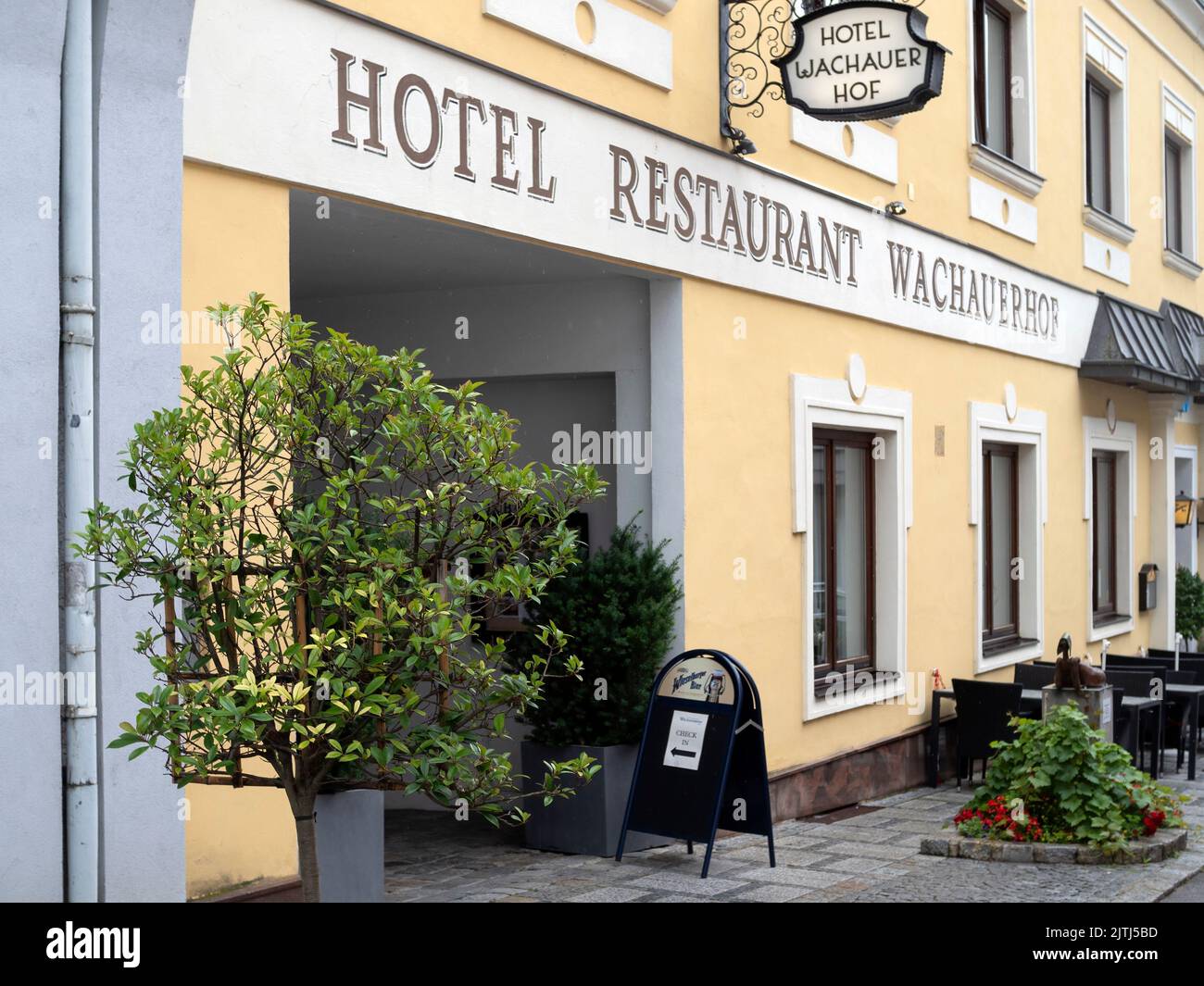 MELK, AUSTRIA - JULY 13, 2019:  Exterior view of Hotel Wachauerhof in Wiener Strasse with sign Stock Photo