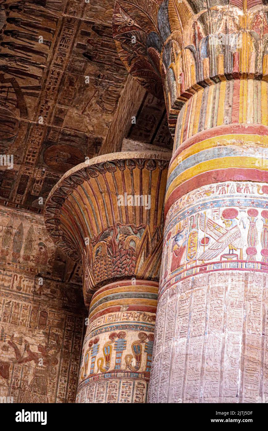 Colorful columns of the ancient Khnum temple in Esna, Luxor, Egypt ...