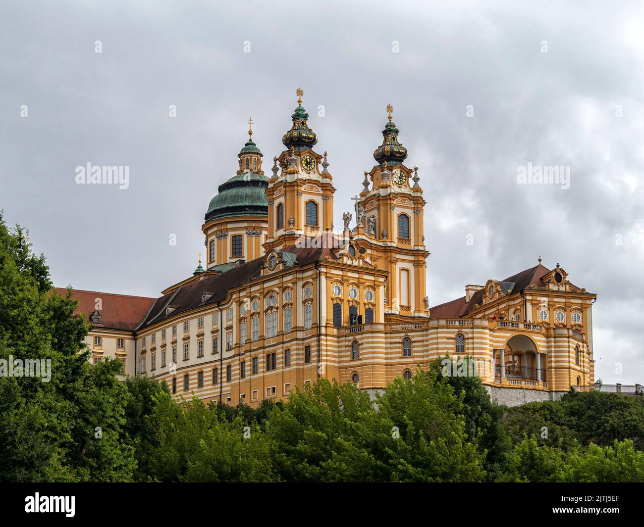MELK, AUSTRIA - JULY 13, 2019:  Exterior view of Melk Abbey, a Benedictine abbey that sits above the town Stock Photo