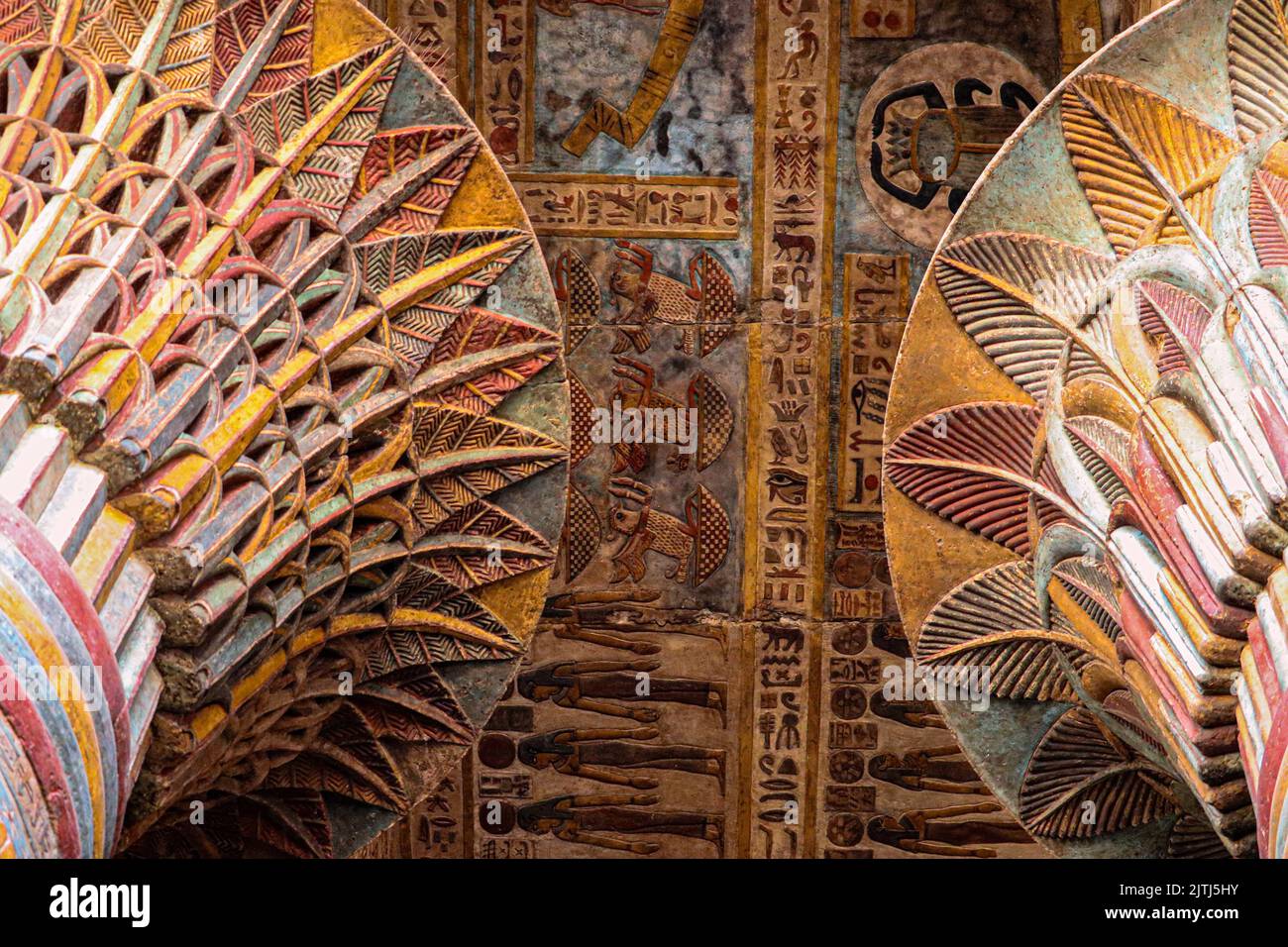 Colorful columns of the ancient Khnum temple in Esna, Luxor, Egypt ...