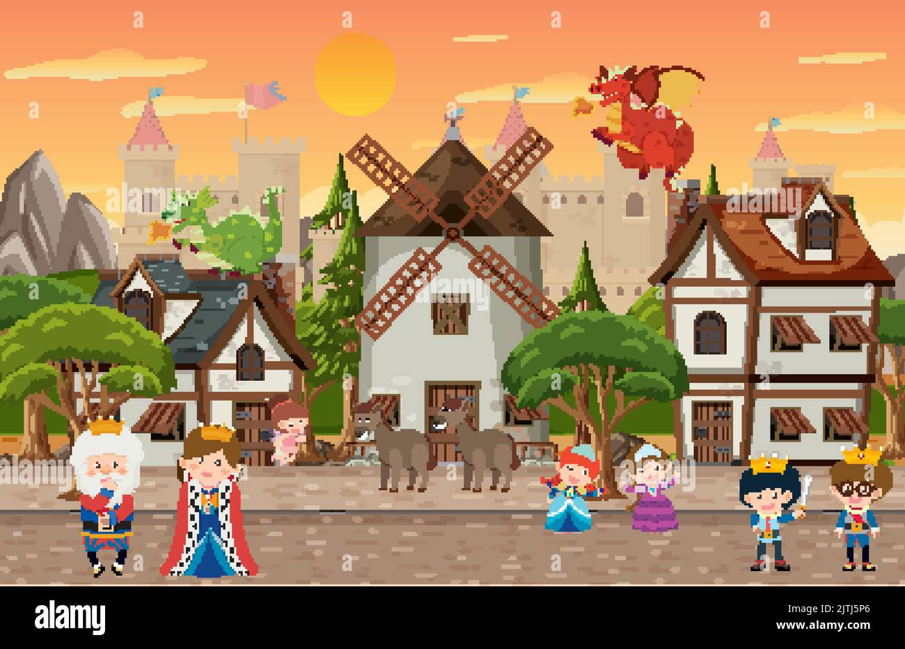 Medieval village scene castle background illustration Stock Vector ...