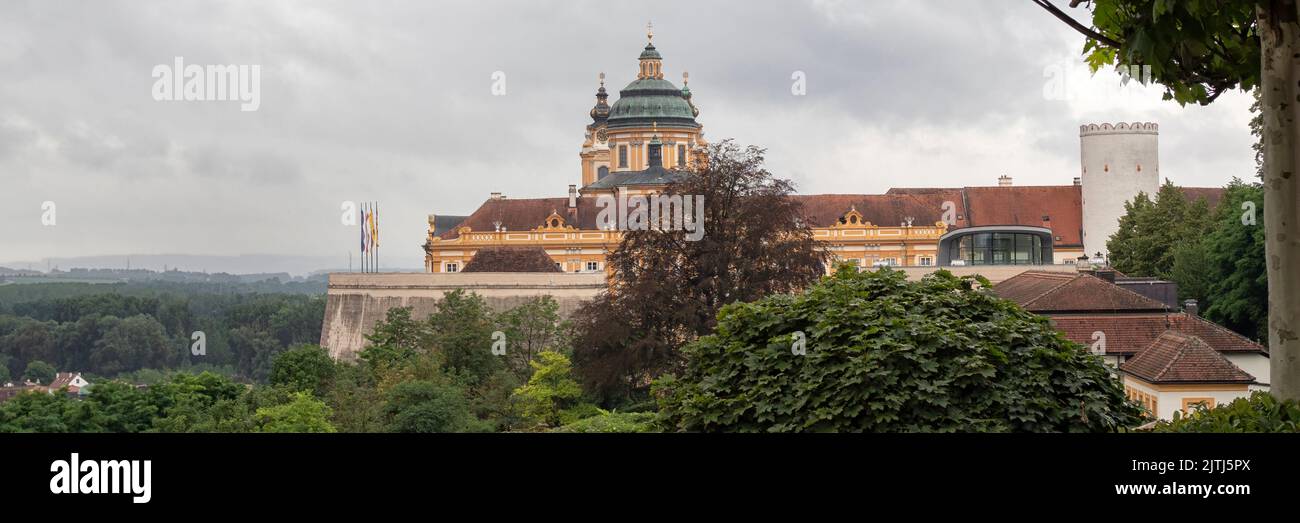 MELK, AUSTRIA - JULY 13, 2019:  Panorama view of Melk Abbey Stock Photo