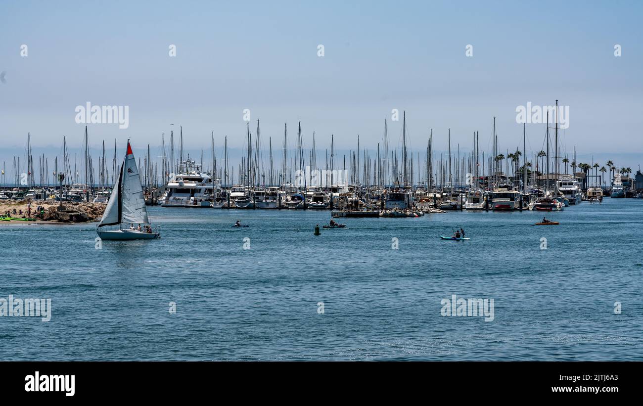 An aerial view of Santa Barbara California harbor surrounded by boats