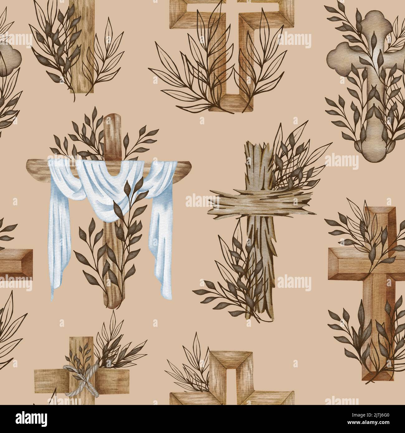 Watercolor Flower Cross, Wood Cross, Baptism, Floral Seamless Patteern. First Communion, Holy