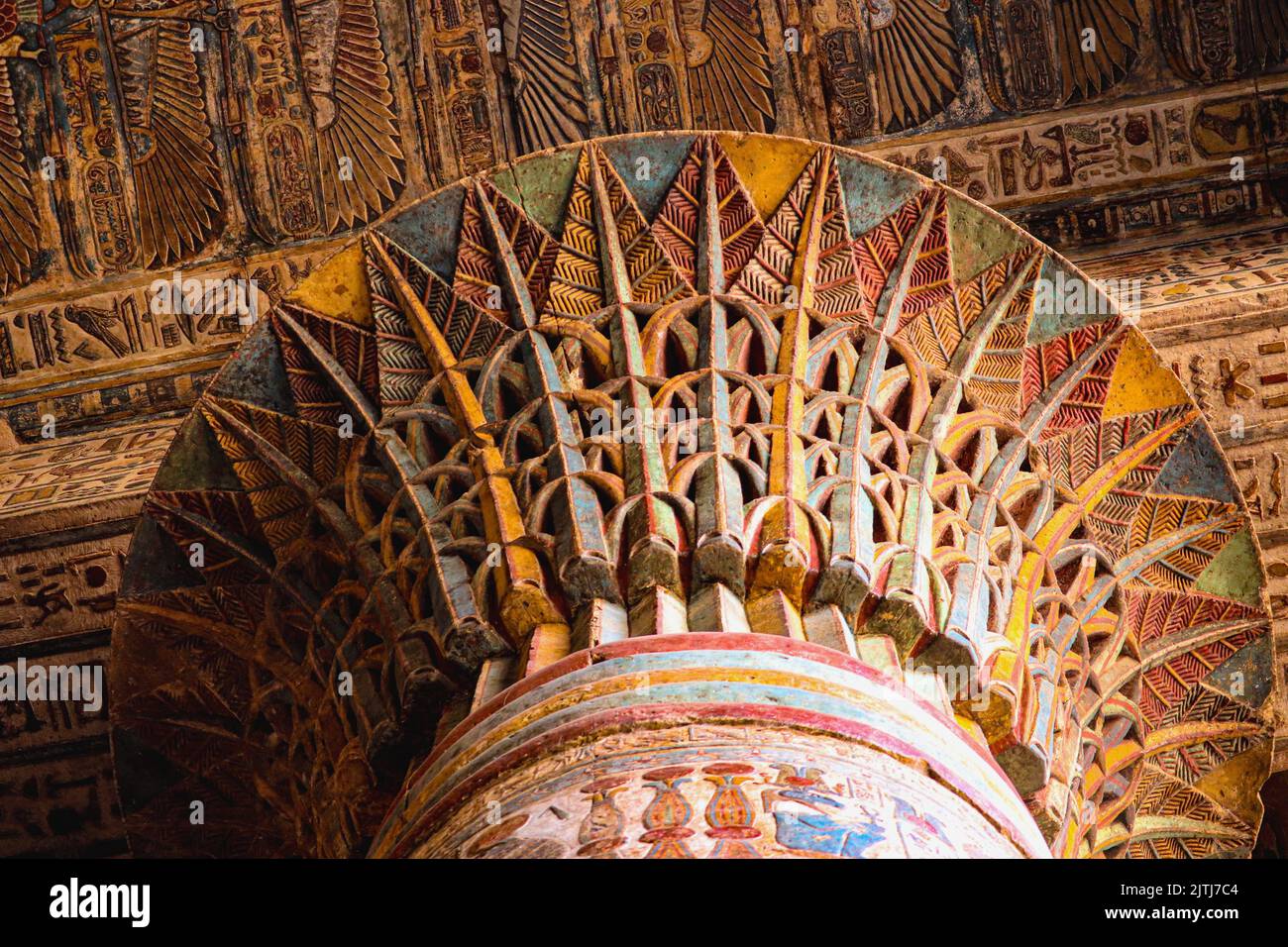 Colorful columns of the ancient Khnum temple in Esna, Luxor, Egypt ...