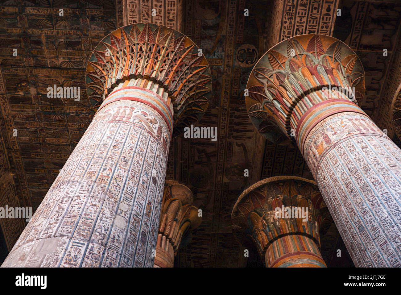 Colorful columns of the ancient Khnum temple in Esna, Luxor, Egypt ...