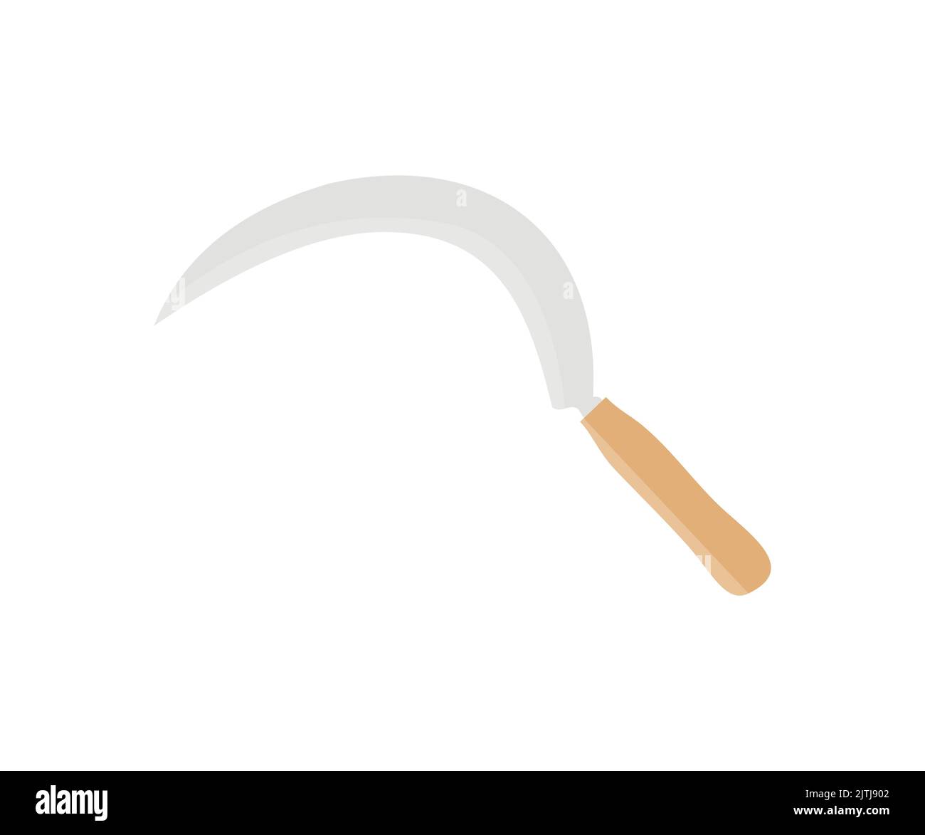Sickle with wooden handle logo design. Agricultural tool, use for getting rid of grass or weeds in paddy field or gardens, use for harvesting. Stock Vector