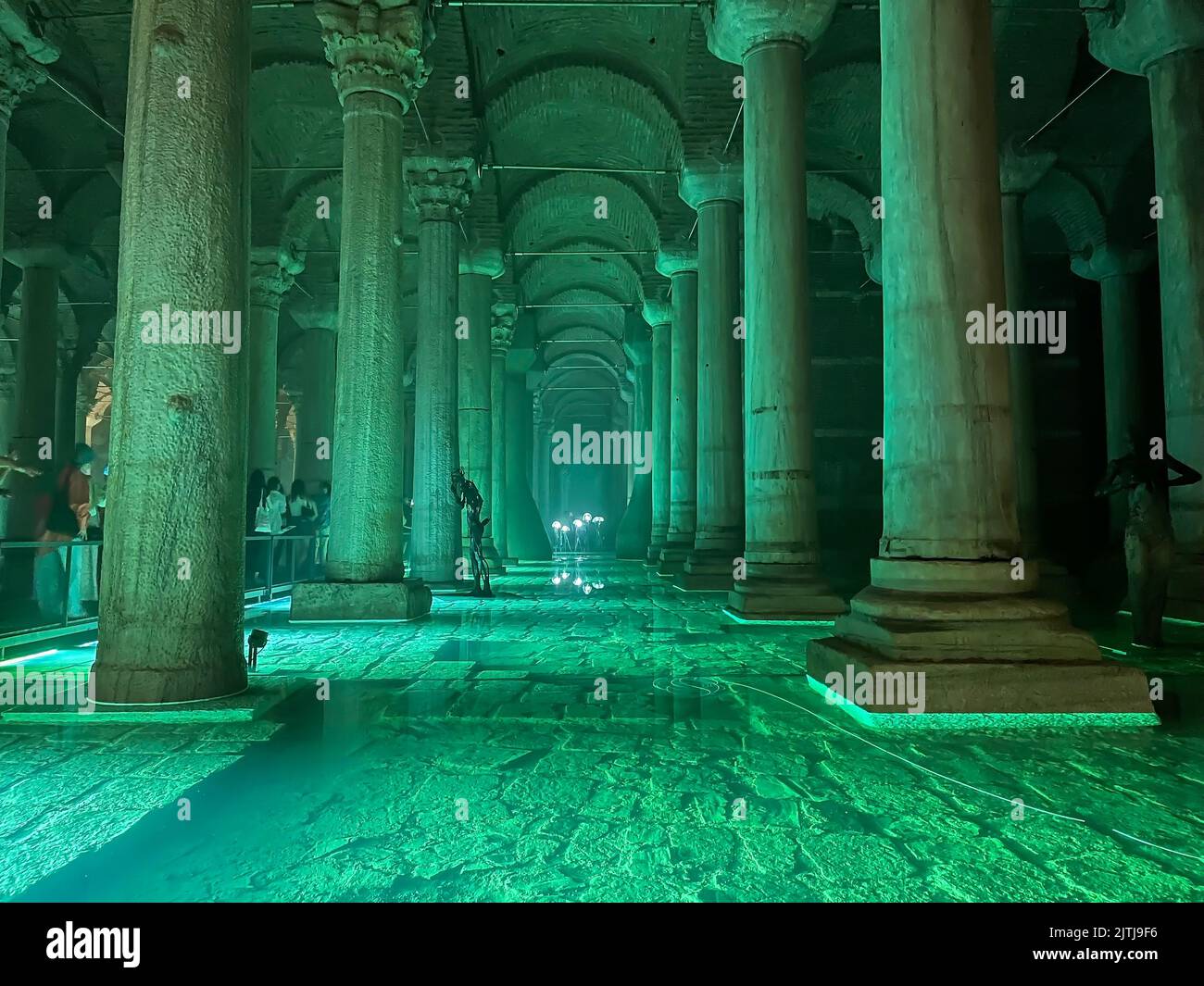Basilica Cistern with green ambient lights. AKA Yerebatan Sarnici. Landmarks of Istanbul. Turkey, August 6, 2022. Stock Photo