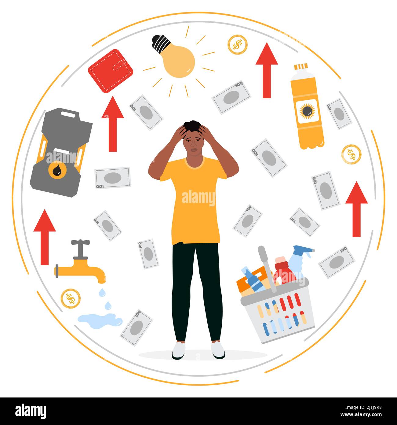 Vector illustration Man is upset. Rising prices. High prices of natural resources. Utility debt