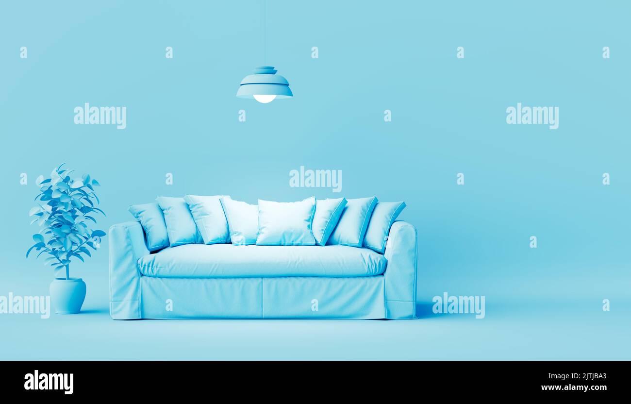 Interior of the room in plain monochrome pastel  color with furnitures and room accessories. Light background with copy space. 3D rendering Stock Photo
