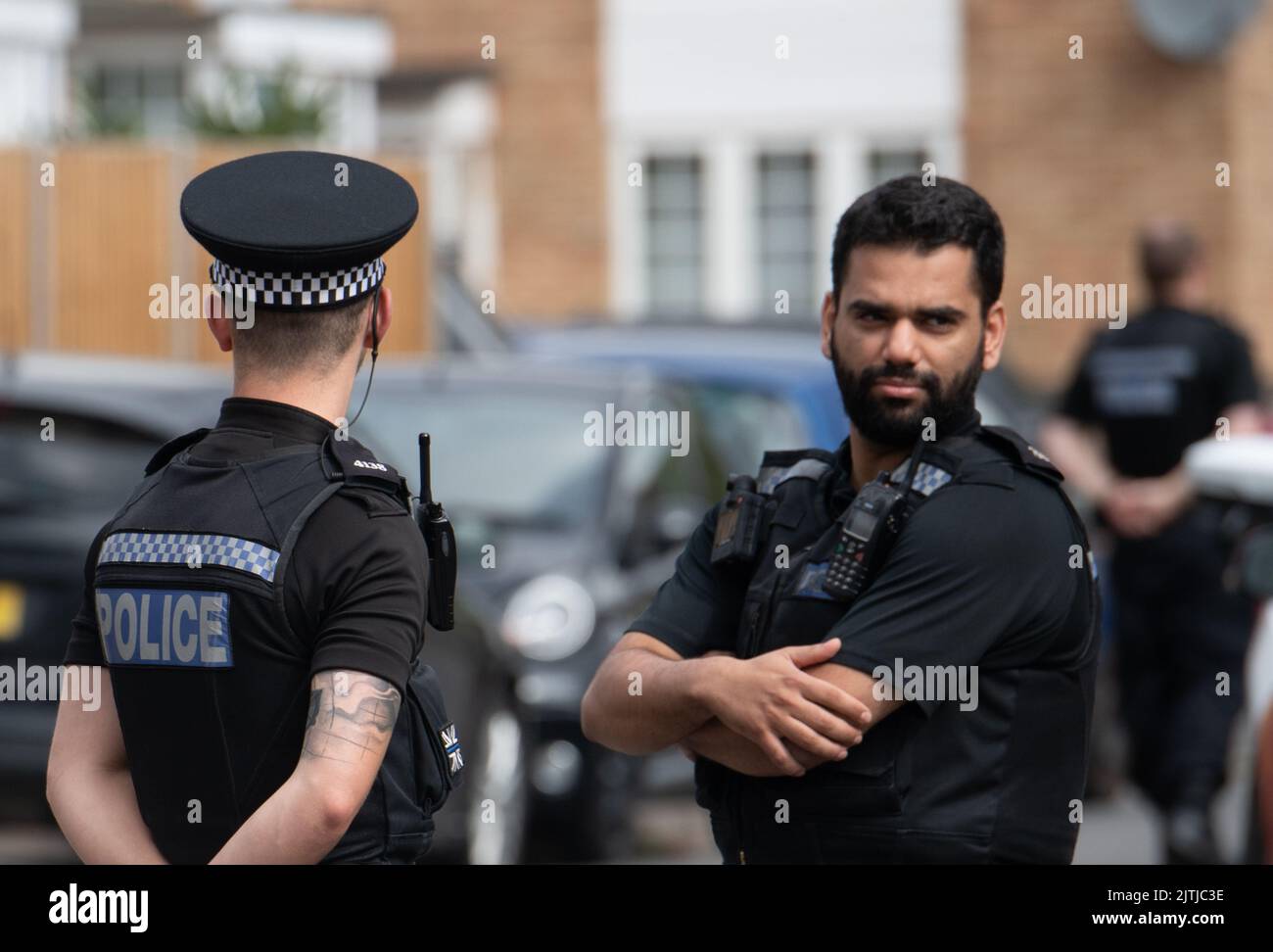 Slough, Berkshire, UK. 31st August, 2022. A murder investigation was taking place in Slough today by Thames Valley Police Major Crime Unit after a man in his twenties died yesterday in hospital having been found with serious injuries in Keel Drive, Slough. Three men have been arrested on suspicion of murder and remain in police custody. Forensic teams are also at work in Concorde Way (pictured) which remains closed. Credit: Maureen McLean/Alamy Live News Stock Photo