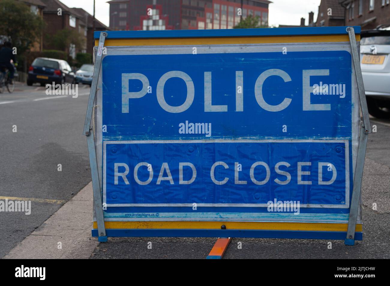 Slough, Berkshire, UK. 31st August, 2022. A murder investigation was taking place in Slough today by Thames Valley Police Major Crime Unit after a man in his twenties died yesterday in hospital having been found with serious injuries in Keel Drive, Slough (pictured). Three men have been arrested on suspicion of murder and remain in police custody. Forensic teams are also at work in Concorde Way which remains closed. Credit: Maureen McLean/Alamy Live News Stock Photo