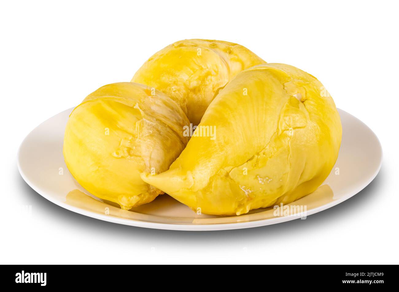 Durian, pulps, king of fruit in white ceramic dish isolated on white background with clipping path. Stock Photo