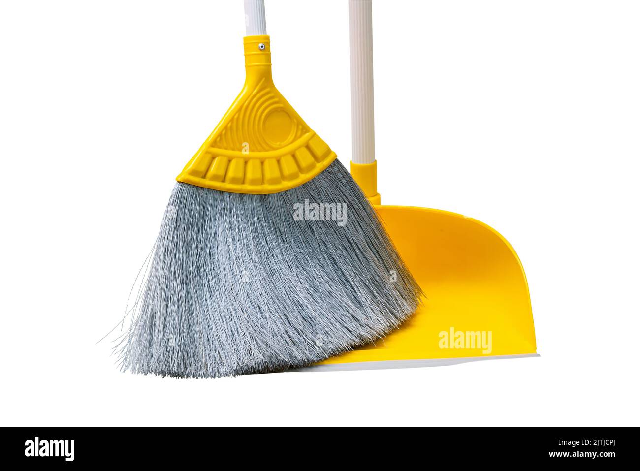 Long handle yellow broom and dustpan isolated on white background with