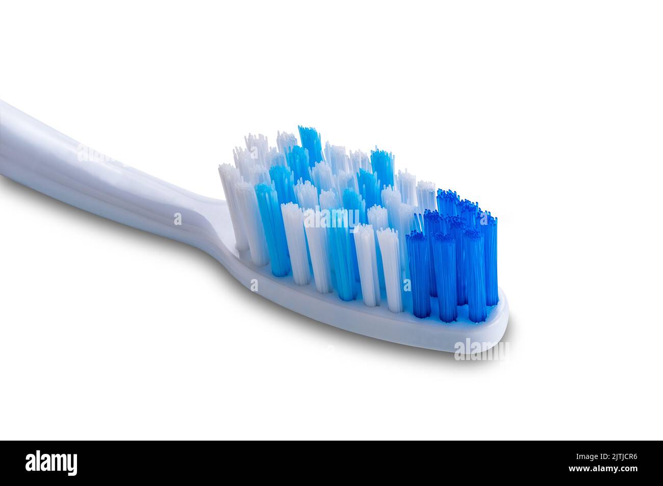 Closeup of blue soft tooth brush isolated on white background with clipping path. Stock Photo