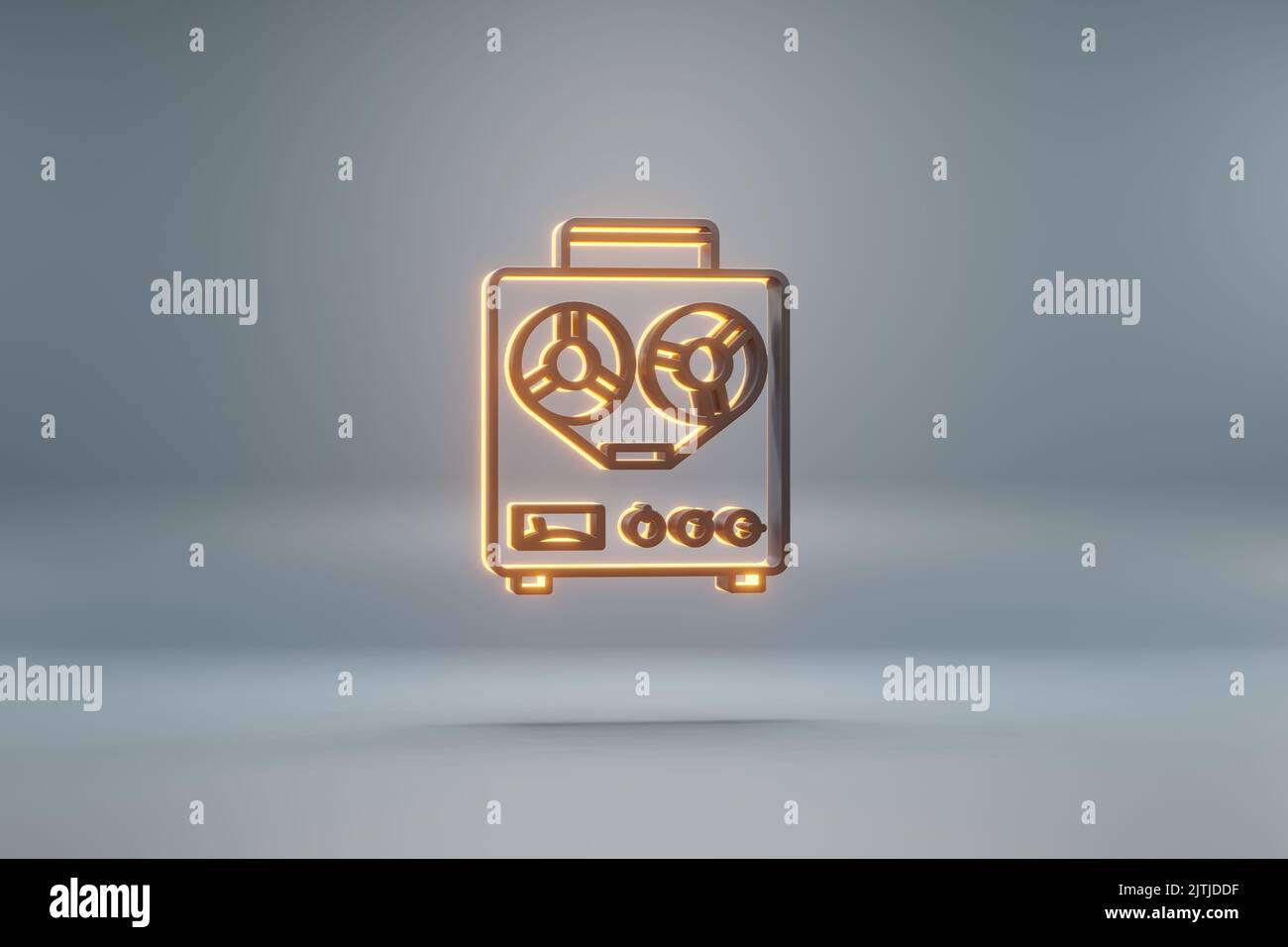 Beautiful black Old Audio Recorder with yellow light  symbol icons on a blue  background. 3d rendering illustration. Background pattern for design. Stock Photo