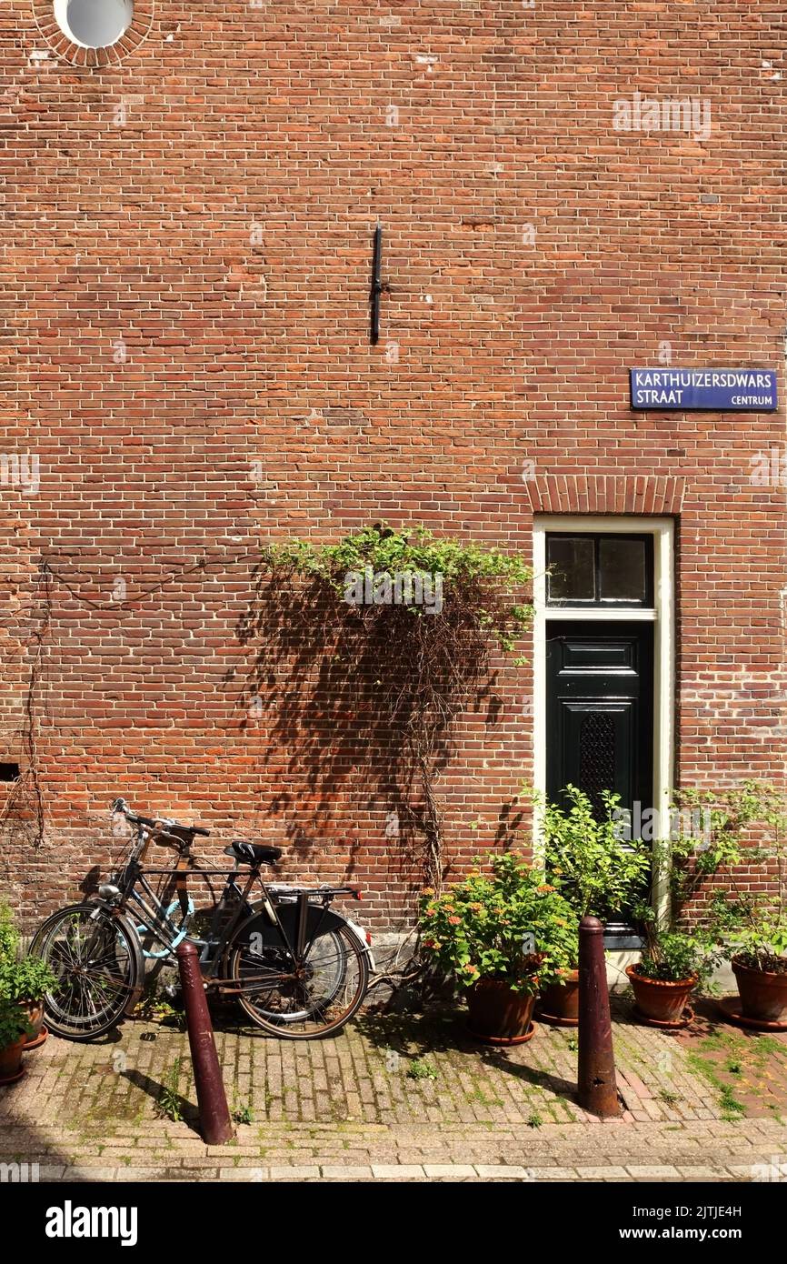 Bicycles parked outside houses on Karthuizersdwars Straat, Amsterdam, Netherlands. Stock Photo