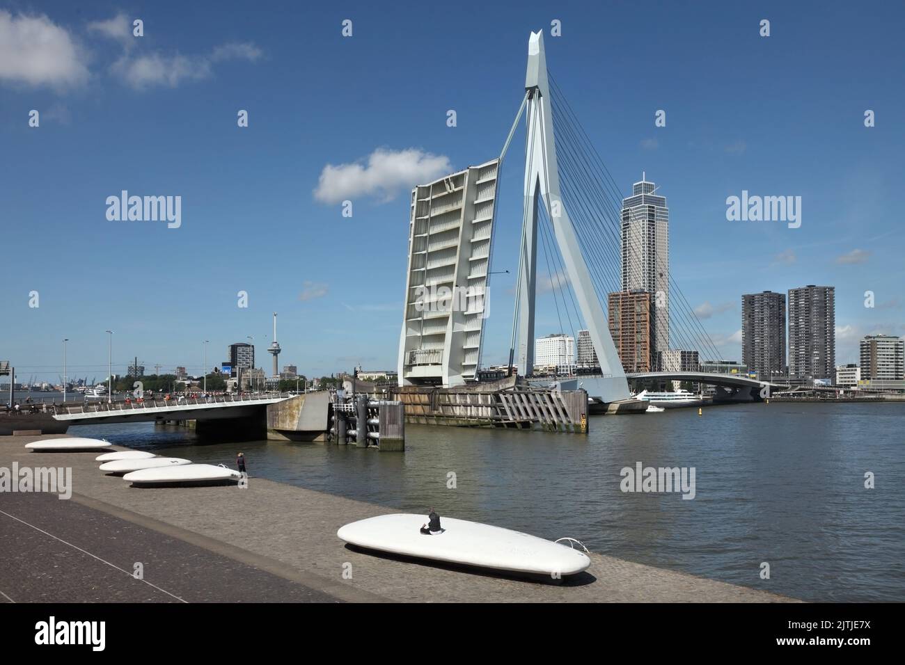 The Erasmusbrug or Erasmus Bridge (1996), Rotterdam, Netherlands in fully raised position. Stock Photo