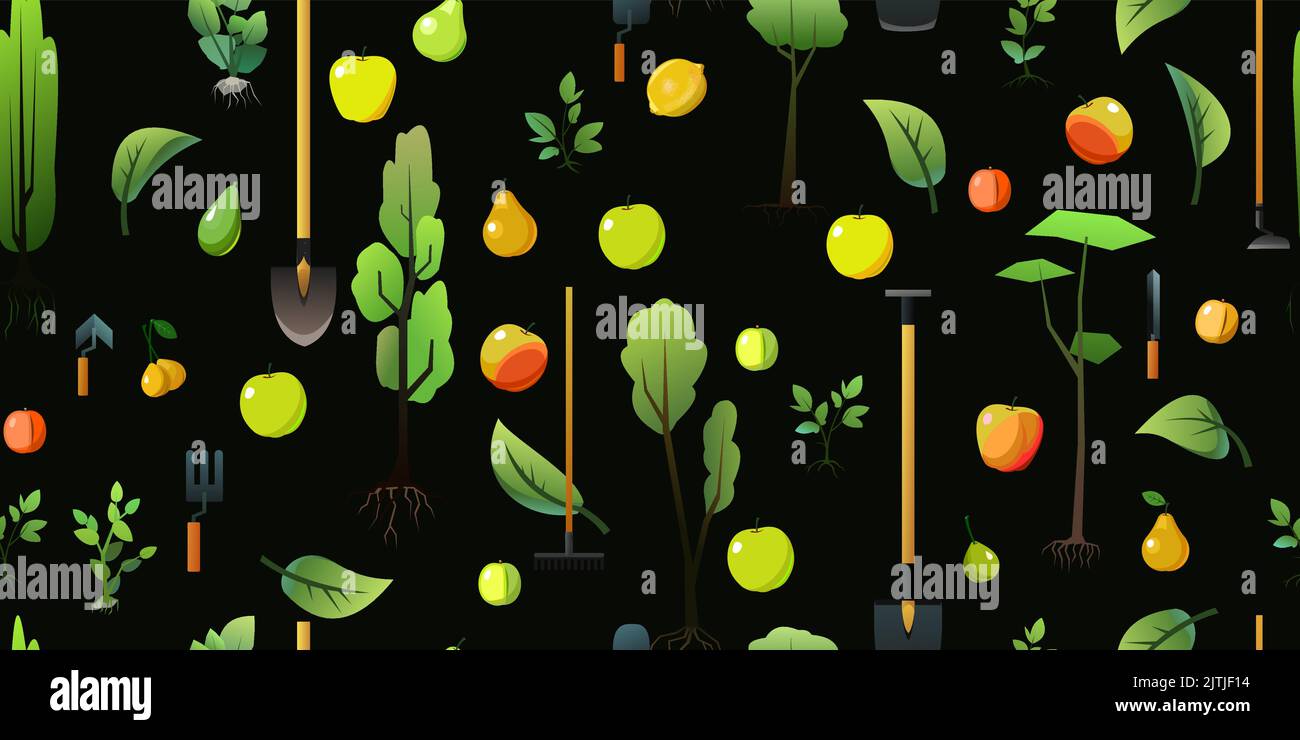 Seedlings of young trees with roots and garden tools. Garden plants. Ripe fruits plantings. Seamless pattern. Vector. Stock Vector