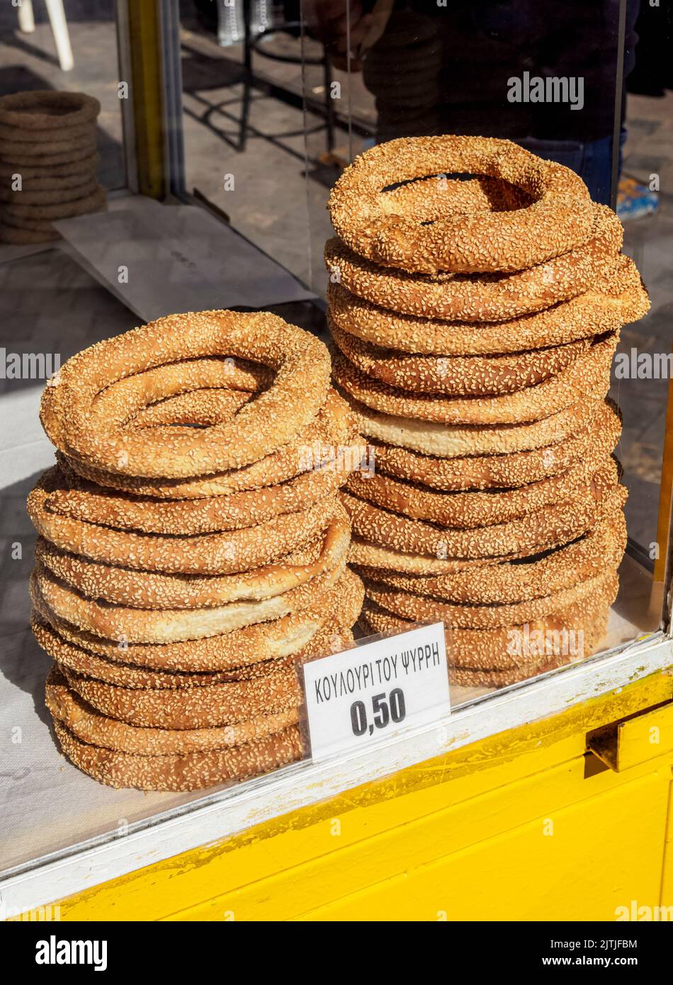 Piles of Koulouri, Simit, Sesame Circular Bread, Athens, Attica, Greece Stock Photo