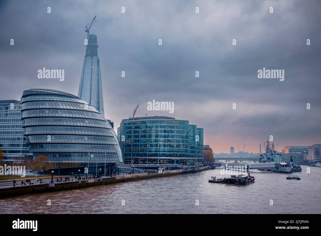 West along the River Thames and the London skyline in the autumn 2011, England Stock Photo